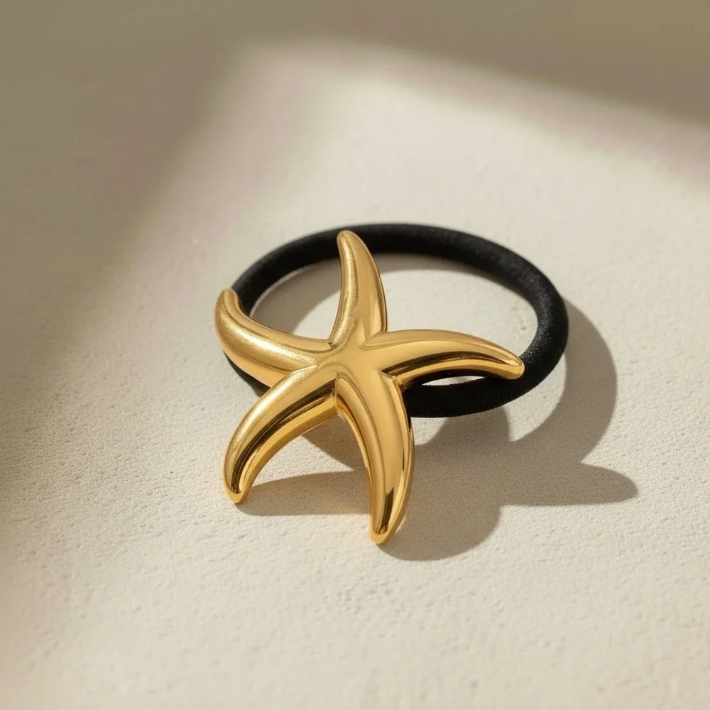 18K Gold Plated Glossy Starfish Ponytail Cuff Sleek Minimalist HairTie Accessory